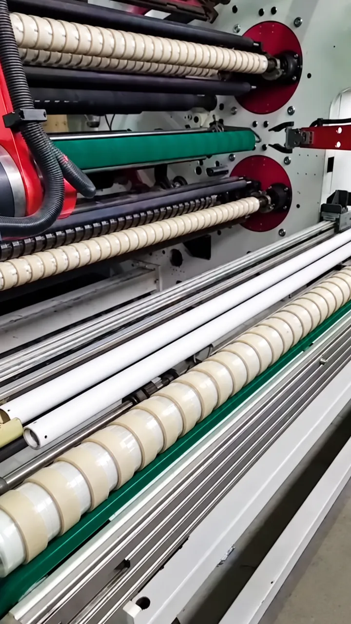 Rebobinadora industrial cortando una bobina madre de cinta adhesiva en rollos