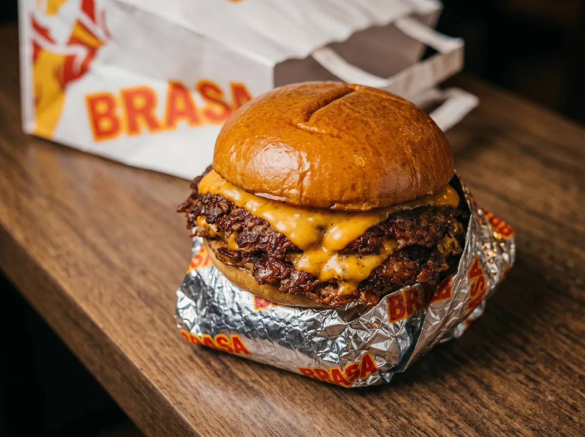 Hamburguesa doble envuelta en papel aluminio térmico impreso con logo (imagen ilustrativa)
