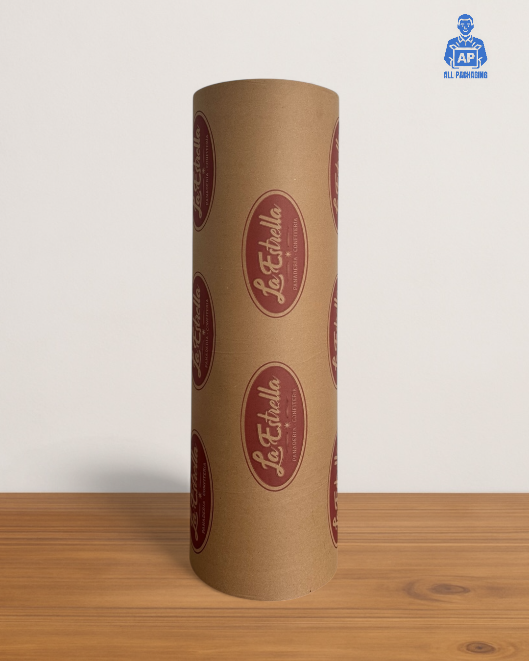 Bobina de papel Kraft marron ecológica impresa con loog panaderías y pizzerias